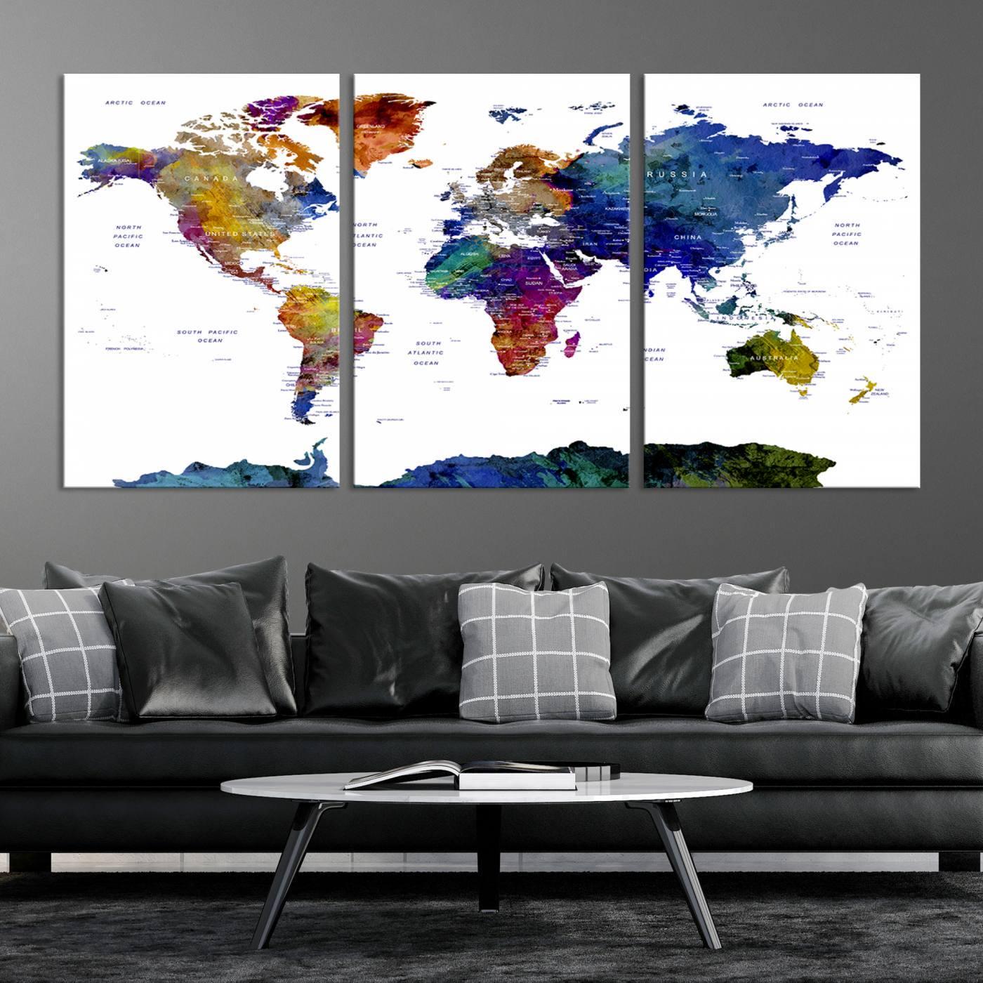Colorful World Map Canvas Print, Framed Wall Art for Living Room, Ready ...