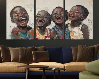 African Children Art, Impasto Painting Canvas, African Wall Art, African Child Decor, African Artwork, Framed Canvas,