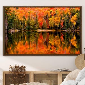 Fall Autumn Forest Canvas Wall Art Print - Vibrant Forest Reflection on Lake Print, Framed Multi-Panel Landscape Print for Living Room