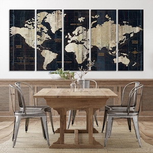 Vintage wereldkaart print, wereldkaart met 5 panelen, ingelijste wereldkaart, grote rustieke wereldkaart, woonkamerdecor, reiswereldkaart, push-pinskaart