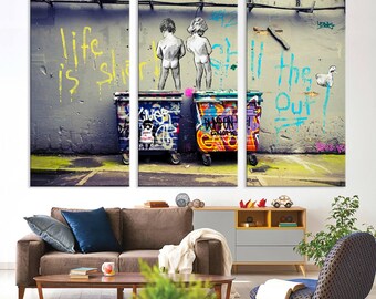 Banksy Street Art Wall Canvas Print – Graffiti-Inspired Urban Décor Featuring 'Life is Short' Design for Living Room, Banksy Graffiti Print