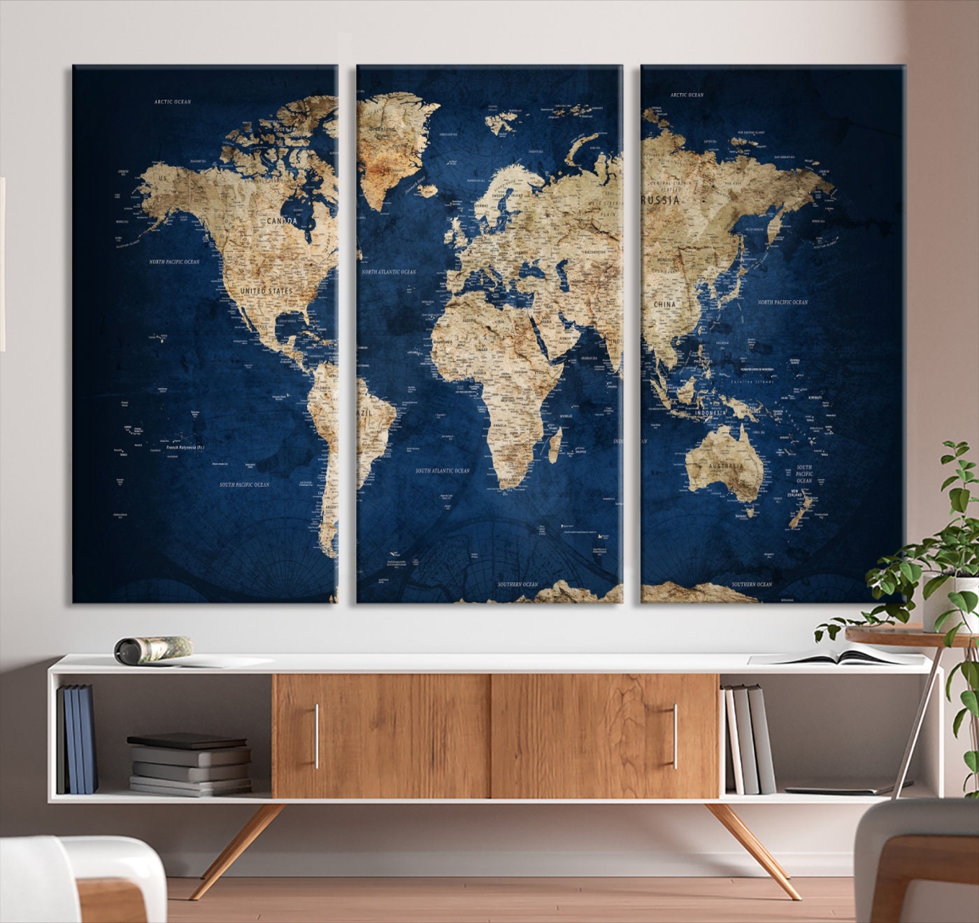 Navy Blue Detailed World Map Wall Art Canvas Print - Brown Blue Map on ...