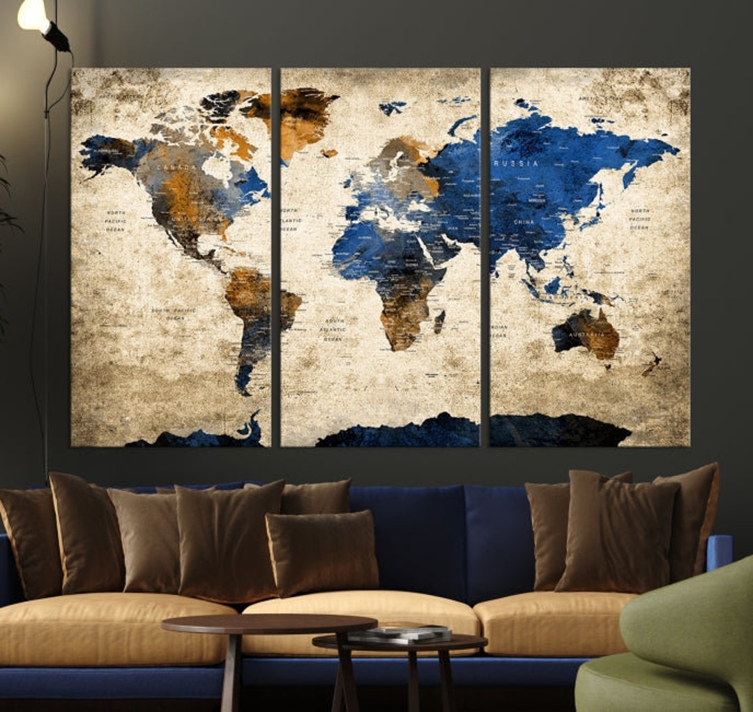 Blue Brown World Map Wall Art, Map of the World Canvas Print, Framed ...