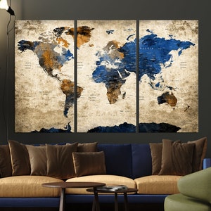 Art mural carte du monde bleu marron, impression sur toile carte du monde, encadré, prêt à accrocher sur mag, impression de carte grunge, carte de destination de mariage, punaise