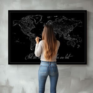 Black and White World Map Wall Art, Push Pin World Map, Home Gift, Modern Map Of The World, Office Decor, Black Personalized Map, Framed Map