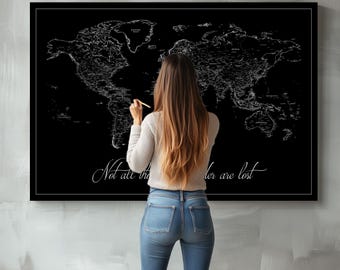 Black and White World Map Wall Art, Push Pin World Map, Home Gift, Modern Map Of The World, Office Decor, Black Personalized Map, Framed Map