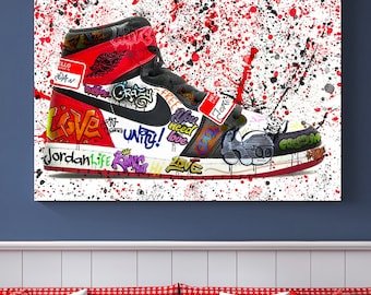 Jordan Graffiti Canvas Wall Art, Air Jordan Mid 1 Graffiti Wall Art, Jordan Shoe Print, Modern Wall Art, Graffiti Artwork, Ready to Hang Art