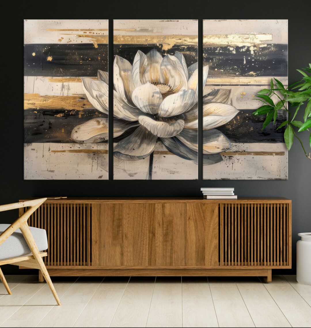 White Lotus Flower Painting Wall Art Canvas Print, Floral Canvas Print ...