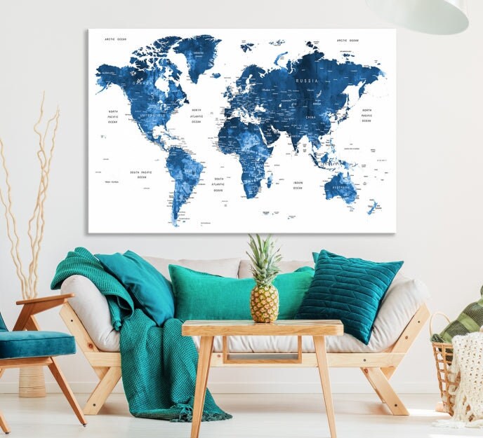 Large Blue Watercolor Push Pin World Map Wall Art Canvas Print for Home ...