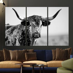 Large Texas Longhorn Cow Canvas Wall Art  Print – Rustic Triptych Cattle Print – Framed and Ready to Hang for Farmhouse or Living Room Decor