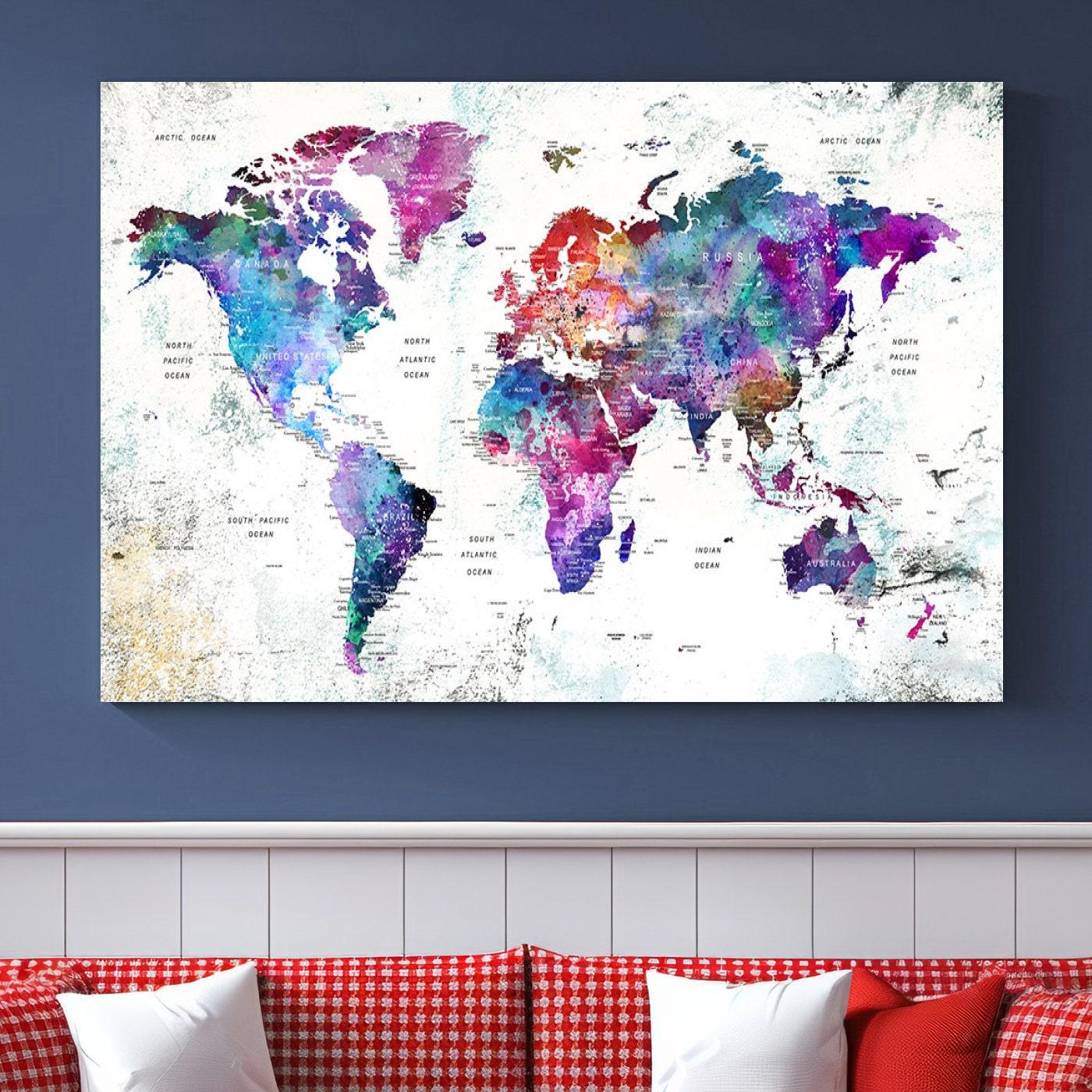 Colorful Vibrant World Map Print, Multi Panel World Map, Framed Ready ...