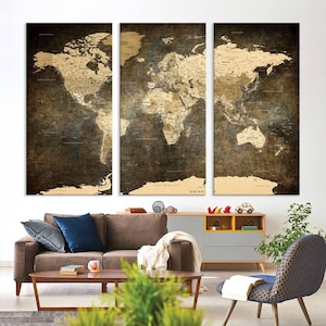 Vintage Weltkarte Druck, 3 Multi-Panel-Karte, Weltkarte Leinwand Kunst, gerahmte Karte Wanddekoration, Große Weltkarte, Antike Weltkarte, Rustikale Weltkarte