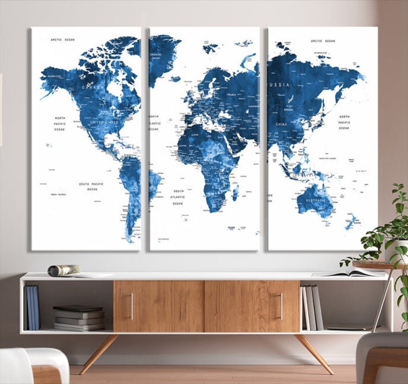 Large Blue Watercolor Push Pin World Map Wall Art Canvas Print for Home ...