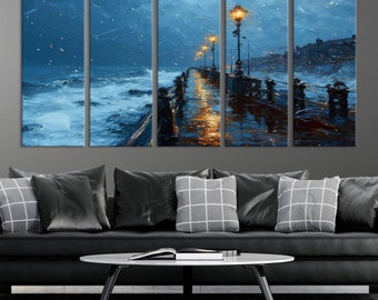 Stormy Beach Pier Canvas Print, Large Coastal Landscape, Rustic