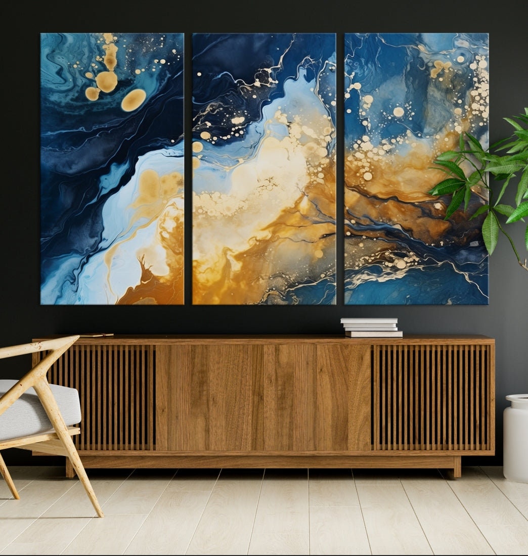 Blue and Gold Abstract 3 Panel Wall Art - Modern Canvas Print for ...