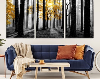 Autumn Forest Canvas Print - Framed Landscape Painting - Fall Wall Art Decor - Misty Trees Wall Art Print - Sunshine Forest Print