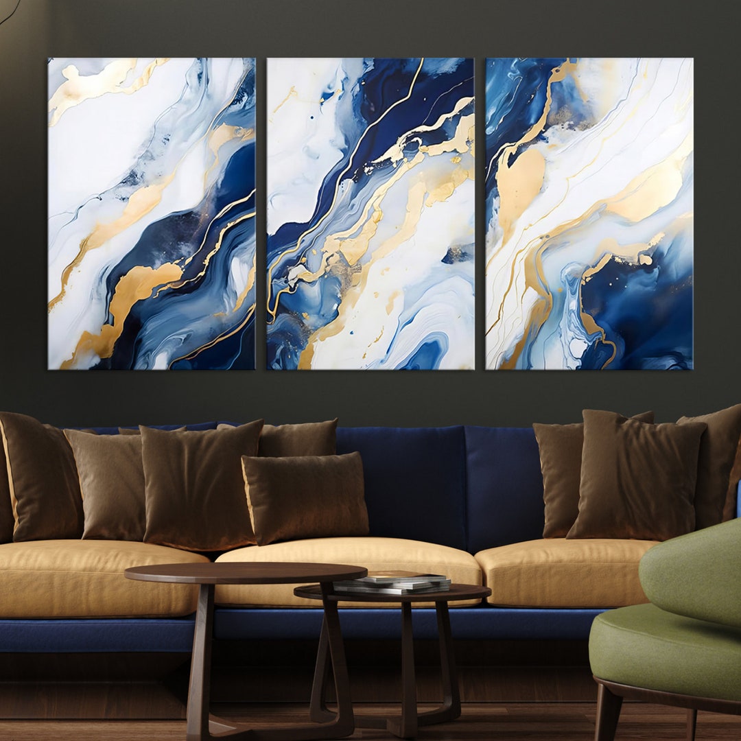 3 Panel Blue Abstract Wall Art Canvas Print - Etsy