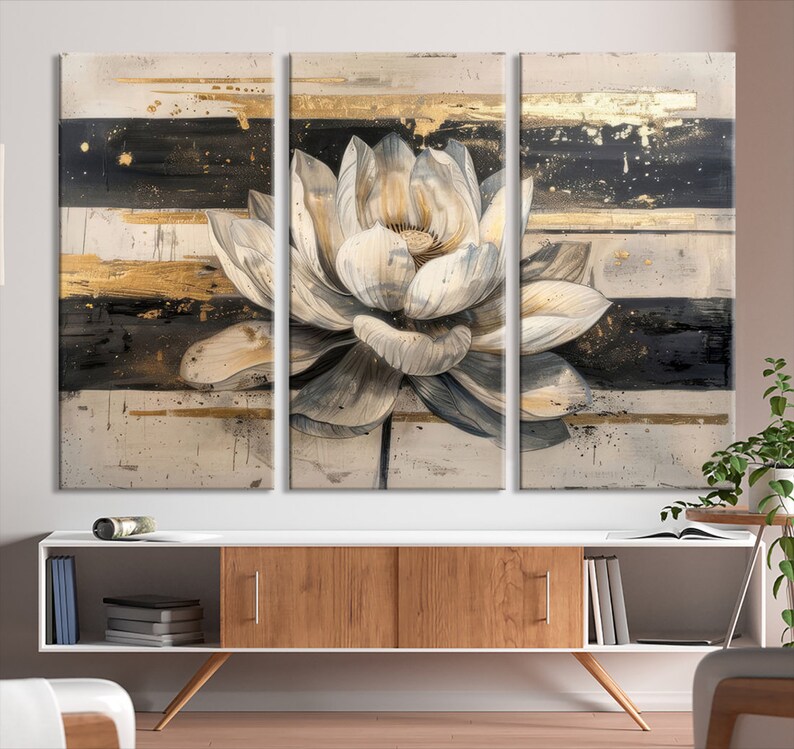 White Lotus Flower Painting Wall Art Canvas Print, Floral Canvas Print ...