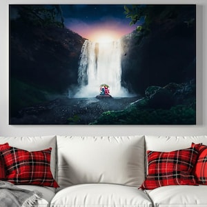 Stitch and Angel Under Waterfall Wall Art Canvas Print, Lilo & Stitch Decor, Kids Room Wall Art, Game Room Wall Art, Cartoon Wall Art Poster