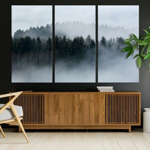 Foggy Forest Triptych - Large Mountain Landscape Wall Art Canvas Print - Foggy Mountain Wall Art Print for Living Room Decor, Framed Ready