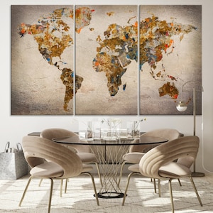 Impression de carte du monde vintage, carte du monde en 3 panneaux, oeuvre d'art murale sur toile encadrée, triptyque pour salon, salle à manger, décoration de bureau, prêt à accrocher
