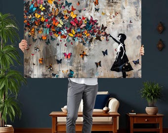 Banksy Inspired Butterfly Girl Canvas Print, Framed Graffiti Wall Art, Street Art Painting, Modern Abstract Canvas, Urban Decor