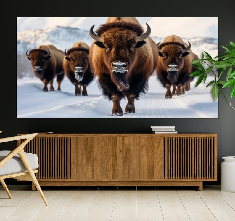 Bison Herd Black and White Wall Art - Rustic Wildlife Canvas Print for ...