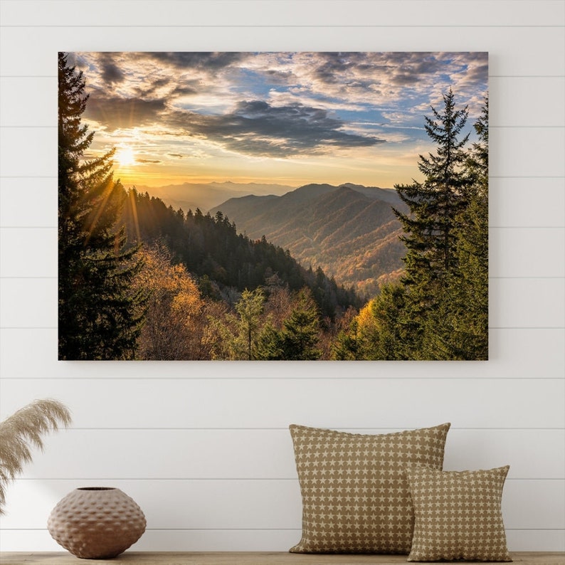 Sunrise in the Smoky Mountains Canvas Print | Landscape Wall Art | Sunset Mountain Forest Large Wall Art Canvas Print for Living Room Decor