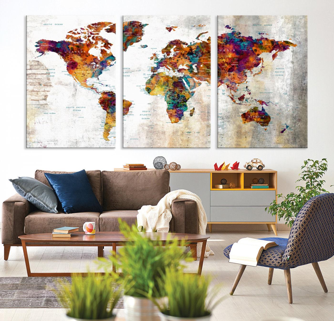 Vibrant 3-panel World Map Canvas Art – Grunge Map Framed and Ready to ...