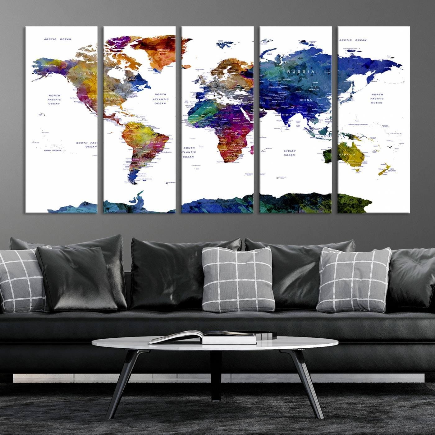Colorful World Map Canvas Print, Framed Wall Art for Living Room, Ready ...