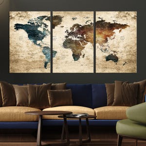 Carte du monde antique, oeuvre d'art murale vintage encadrée, décoration d'intérieur rustique, grande carte du monde, carte multipanneaux, décoration de voyage, carte du monde avec punaises, suspension