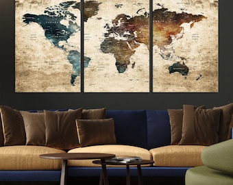 Antique World Map, Framed Vintage Wall Art, Rustic Home Decor, Large World Map, Multi Panel Map, Travel Decor, Push Pin World Map, Hanging