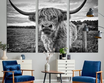 Highland Cow Canvas Wall Print, Rustic Black And White Print, Highland Cow Poster, Farm Animal Print, Highland Cow Gift, Highland Cattle Art
