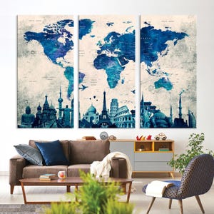 Blauwe aquarel wereldkaart, grote wereldkaart, woondecoratie, wereldkaartposter, thuisgalerijkunst, bezienswaardigheden wereldkaart, canvas met meerdere panelen