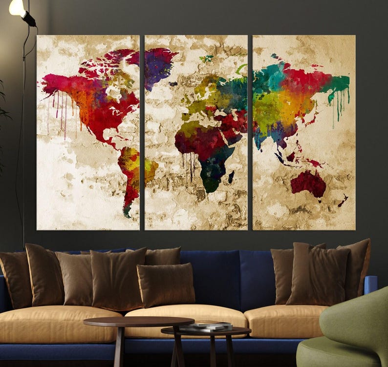 World Dripping Design Abstract World Map Print, Framed World Map, Colorful World Map Canvas ...