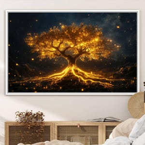 Golden Tree of Life Canvas Wall Art Print - Majestic Glowing Tree Design for Living Room, Office, or Bedroom, Nature Tree Wall Decor Art