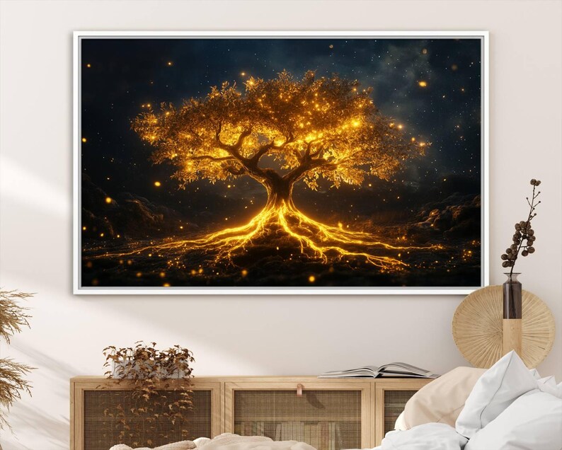 Golden Tree of Life Canvas Wall Art Print - Majestic Glowing Tree Design for Living Room, Office, or Bedroom, Nature Tree Wall Decor Art