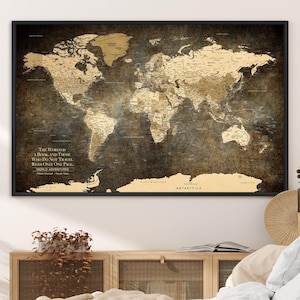 Mapa del mundo con chinchetas, mapa del mundo personalizado en lienzo, mapa del mundo grande, decoración rústica del mapa del mundo, mapa de viaje con chinchetas, mapa del mundo enmarcado, horizontal