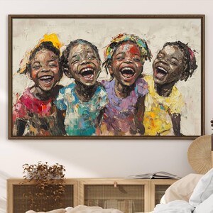 Shai Yossef style canvas wall art featuring joyful African kids in an impasto painting with bold brushstrokes, framed and ready to hang for playroom, kids' room, or nursery decor.