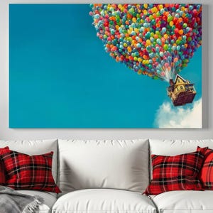 May include: A vibrant canvas print depicts a whimsical scene of a yellow house soaring through a bright blue sky, lifted by a massive cluster of colorful balloons in various shades of red, yellow, green, blue, and purple. The balloons are densely packed together, creating a dynamic and eye-catching visual. The house, a charming yellow structure with brown detailing, is attached to the balloons by a bundle of strings, adding to the enchanting and surreal nature of the artwork. The overall style is reminiscent of a children's storybook illustration, making it a cheerful and imaginative piece suitable for a variety of home decor settings.