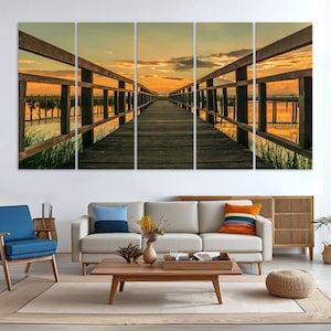 Wood Bridge Wall Art Canvas Print, Vintage Style Wall Art Sunset Canvas Print for Living Room Decor, Framed and Ready to Hang, Made in USA