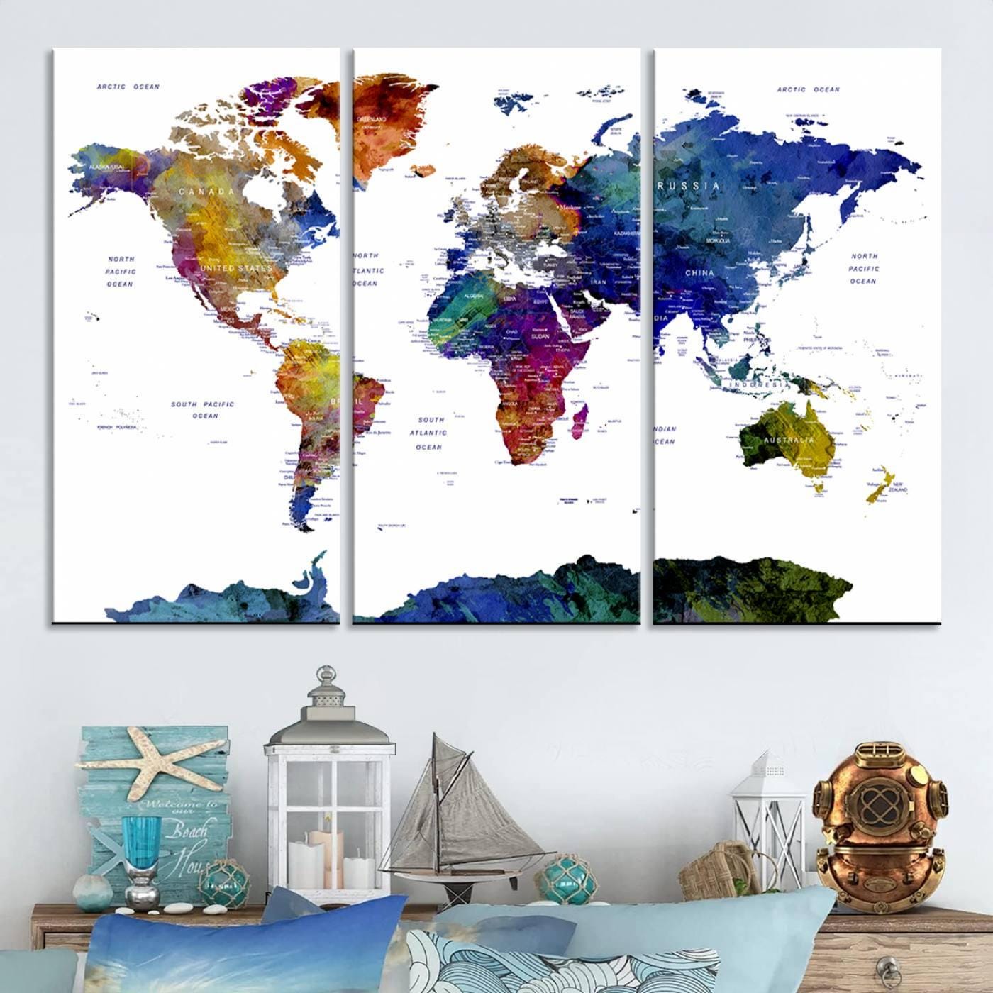 Colorful World Map Canvas Print, Framed Wall Art for Living Room, Ready ...