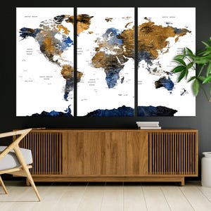 Art mural vintage sur toile, carte du monde marron - Décoration dans des tons ocre pour un salon, une chambre ou un bureau moderne | Décoration d'intérieur moderne, oeuvre d'art murale