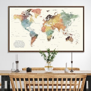 Impression sur toile carte du monde personnalisée encadrée, art mural carte du monde personnalisé, affiche carte du monde, carte du monde avec punaises, grande carte du monde, cadeau personnalisé