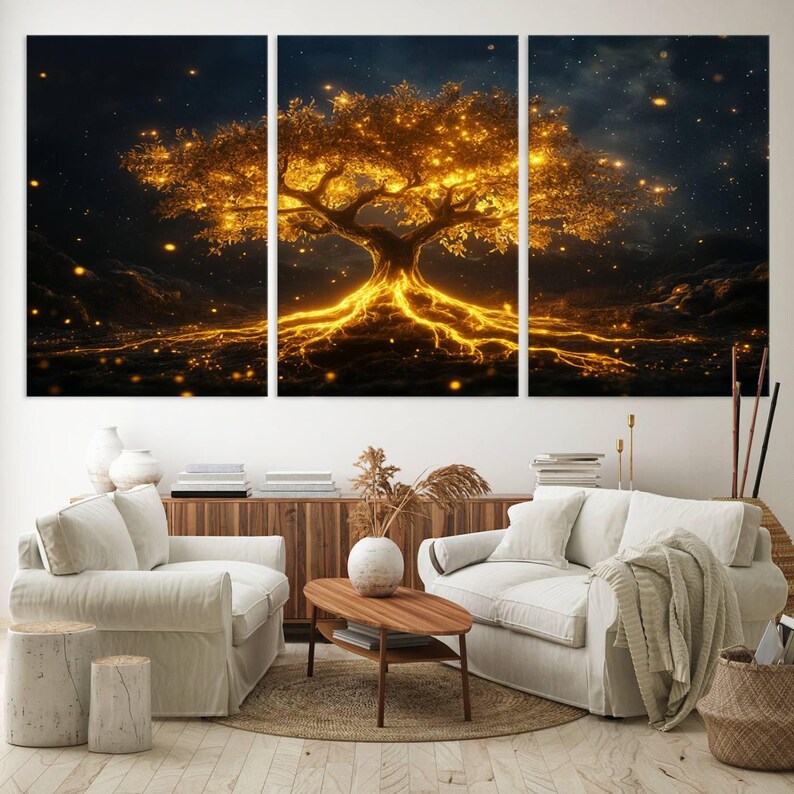 A large 3-panel canvas wall art depicting a luminous tree of life with glowing golden branches and roots against a dark, starry background. Mystical decor for living spaces.