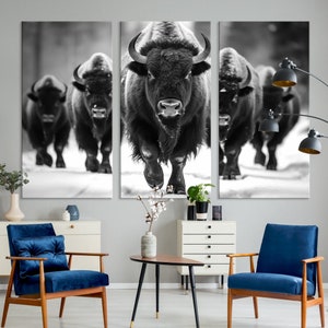 American Bison Herd Black and White Wall Art - Rustic Wildlife Canvas ...