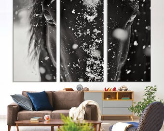 Horse Stallion Portrait Black Horse Canvas Wall Art, Horse Wall Art Canvas Print for Farm House Wall Decor, Winter Horse Art Canvas Print