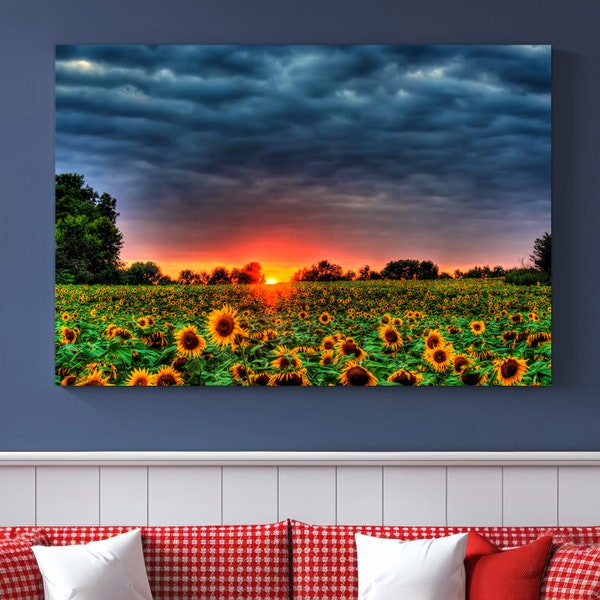 Sunflower Field Wall Art Canvas Print, Ready to Hang Floral Wall Art, Botanical Canvas Print, Sunflower Painting, Flower Landscape Wall Art