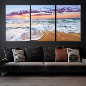 Sunset over the Horizon Beach Waves Art Print, Extra Large Sunset Canvas Print, Ocean Seascape Art Coastal Art Tropical Art Picture Print