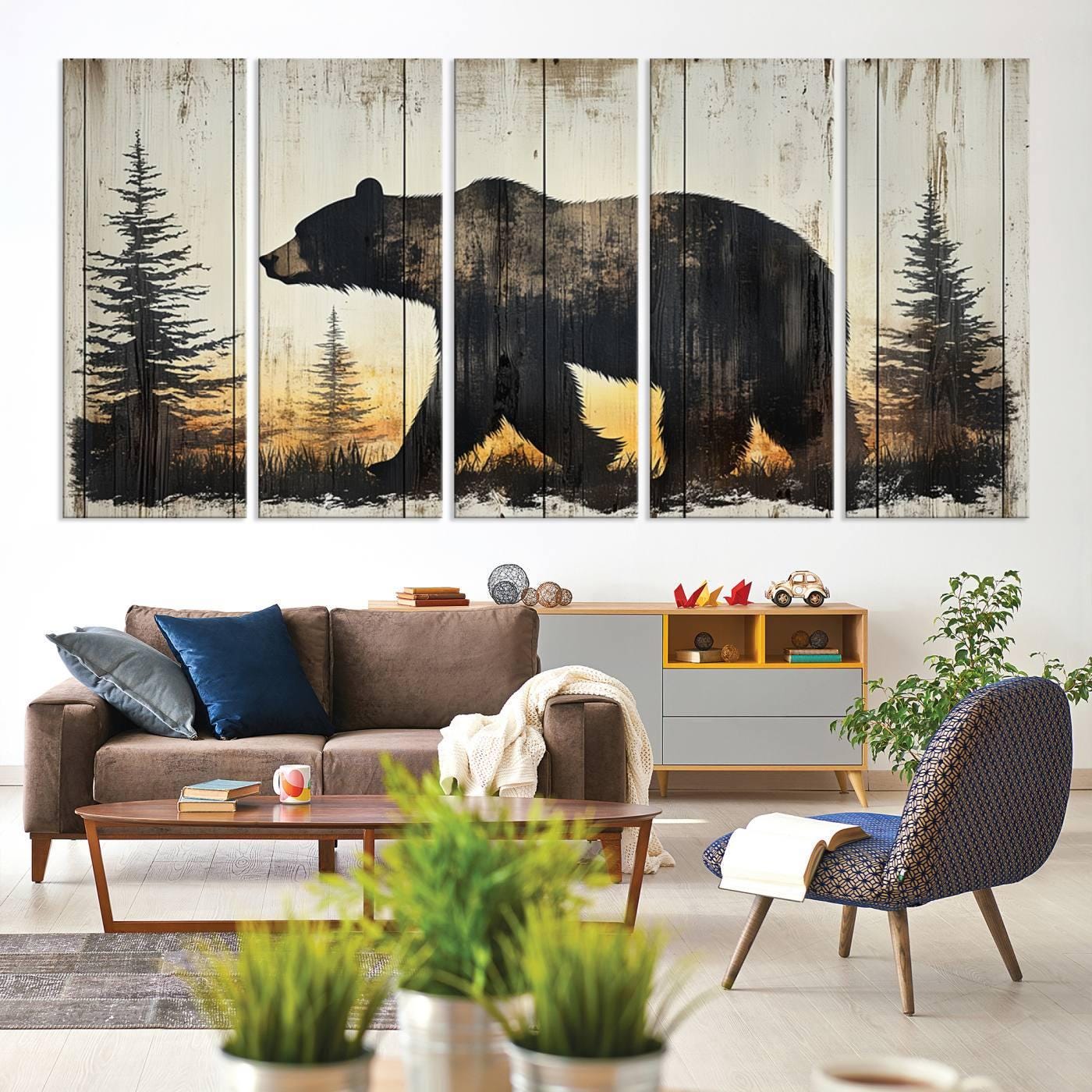 Rustic Bear and Mountain Wood Canvas Wall Art, Framed Nature